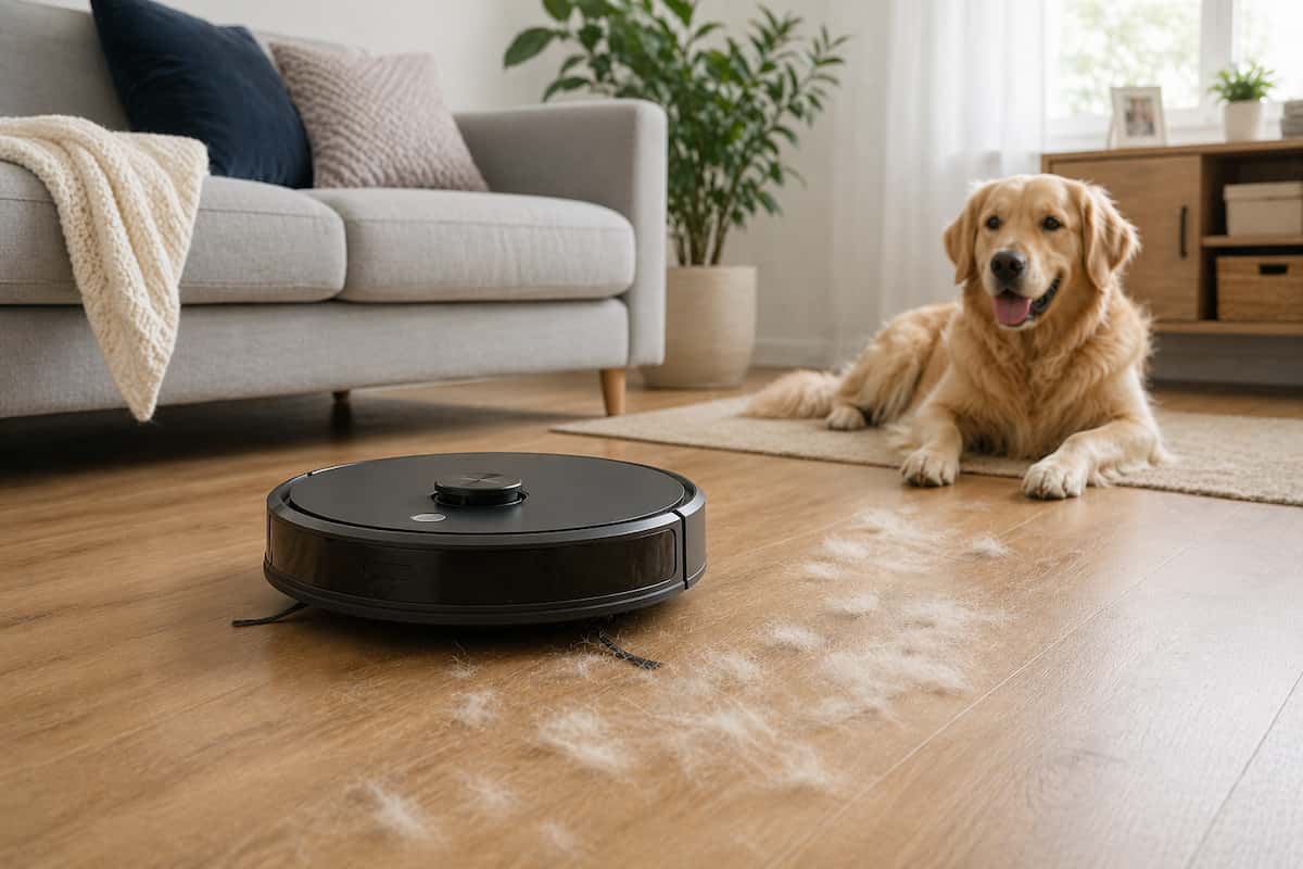 robot aspirador barato limpiando pelos de mascotas en casa