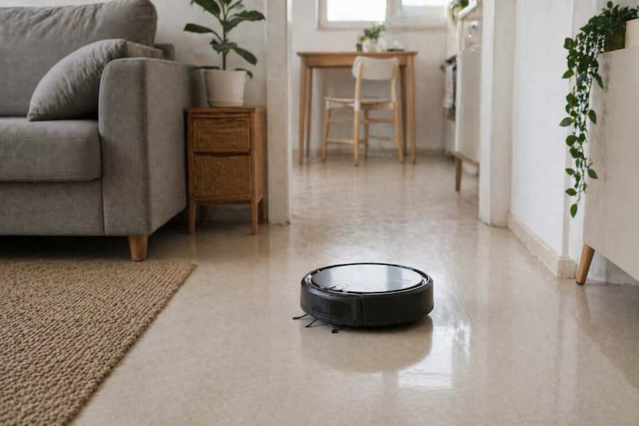 robot aspirador sin wifi en piso pequeño funcionando